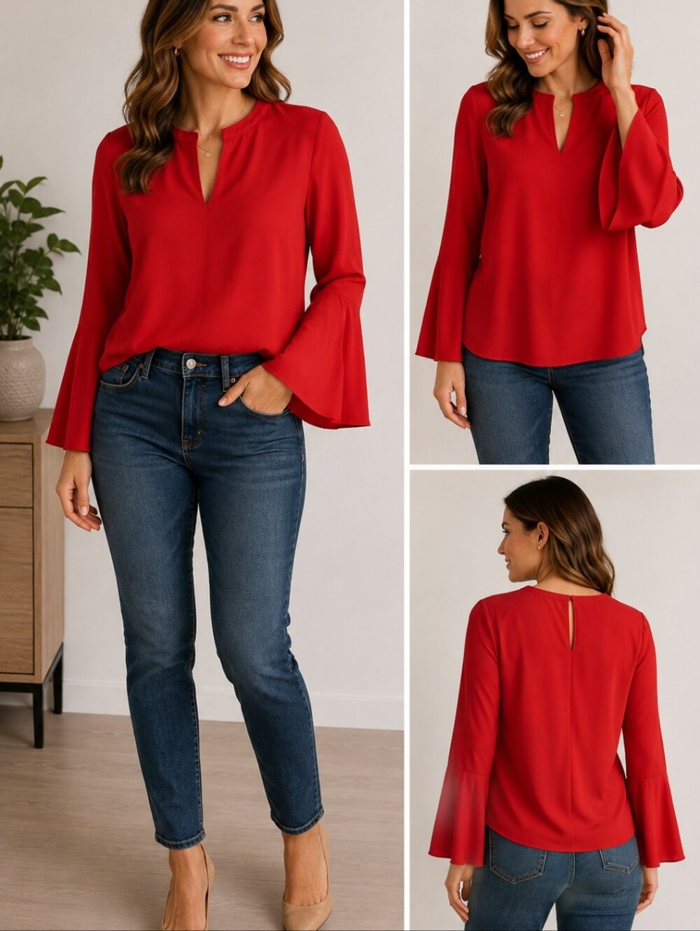 2/$15 Violet & Claire Vibrant Red Keyhole Bell-Sleeve Blouse
